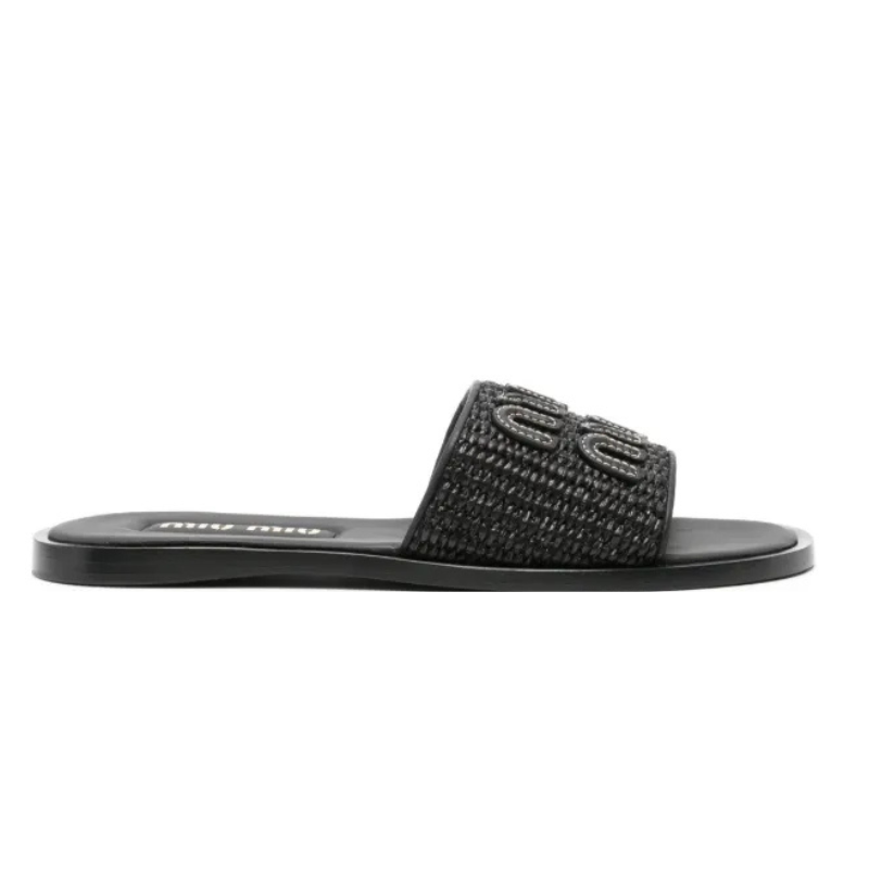 IMG-6671.png MIU MIU Raffia-effect woven fabric slides black - Image 1